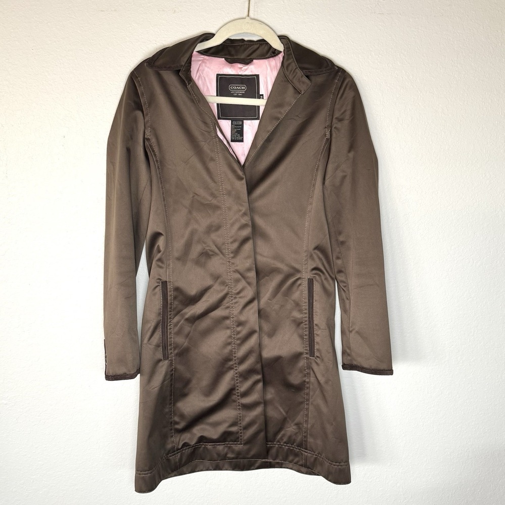 Coach Leatherware Long Jacket Trench Coat Brown Pink Silk Lining Size‎ 2 Women's - Picture 2 of 9